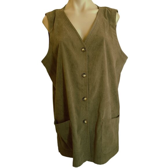 Orvis Button-Up Long Vest Womens Size L Brown Pockets Outdoors Waist Coat V Neck - Picture 1 of 7